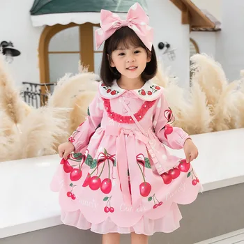 Lolita Girl Dress Rudenį, Žiemą Vaikai Vyšnių Atspausdinta Suknelės Baby Princess Kūdikio Gimtadienio Krikšto Kamuolys Chalatai Vaikų Drabužiai