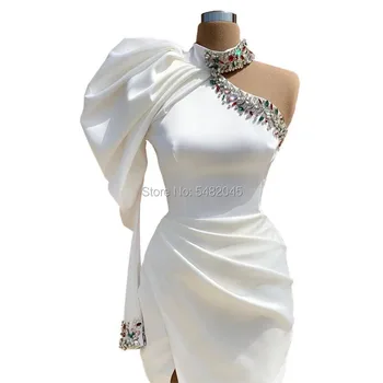 LORIE arabų Vakaro Suknelės 2021 Aukštos Zawalcowany Kaklo Kristalų Vienas Rankovėmis, Baltos spalvos Prom Chalatai Pusės Split Satino Undinė Šalis Suknelė