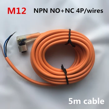 M12 jutiklio jungtys, 4 smeigtukai/ 4 laidų NPN 5m pvc kabelių kampas tipo su LED indikatorius vandeniui jungtis plug kostiumas NO+NC jutiklis