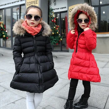 Mada Vaikams mergaitėms žiemos Striukė Mergina ilgai skirsnis medvilnė šilta striukė vaikas Storio Kamšalu Outwear Mergina kailio apykakle gobtuvu kailis