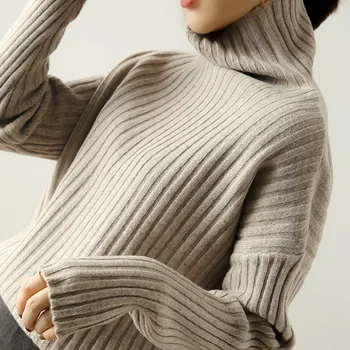Mados dryžuotas moterų turlenecks newcoming megzti moterų drabužių minkštas šiltas vilnos megztinis ilgomis rankovėmis