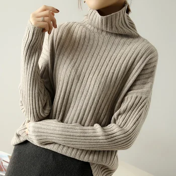 Mados dryžuotas moterų turlenecks newcoming megzti moterų drabužių minkštas šiltas vilnos megztinis ilgomis rankovėmis