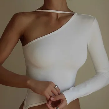 Mados Elegantiškas Vieno Peties marškinėliai ilgomis Rankovėmis Moterų Top Baltos Seksualus Tvarstis Apkarpytos Viršuje Pagrindinio Juoda Drabužių Streetwear