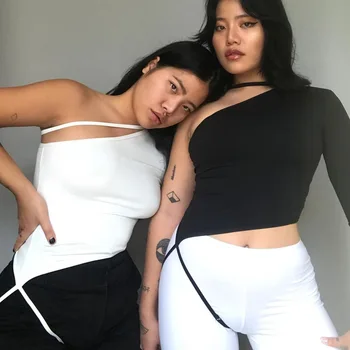 Mados Elegantiškas Vieno Peties marškinėliai ilgomis Rankovėmis Moterų Top Baltos Seksualus Tvarstis Apkarpytos Viršuje Pagrindinio Juoda Drabužių Streetwear