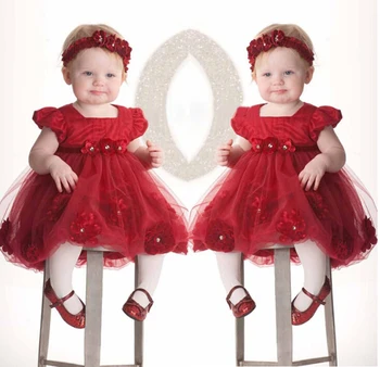 Mados Kūdikių, Mergaičių Suknelės Rankovės Gėlių Kamuolys Suknelė Bamblys Vaikas Raudona Suknelė, Lankelis Atsitiktinis Komplektus Naujų 0-18M