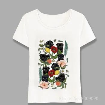 Mados Moterų marškinėliai Spalvinga Botanikos Ir Juoda Pugs Print T-Shirt Mielas Šuo, Katė Dizaino Laisvalaikio Viršūnes Cool Girl Tees Harajuku