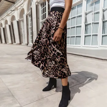 Mados Moterų sijonas Leopardas Spausdinti Klostuotas Sijonas Ponios Aukštos Elastinės Juosmens Šalies Sijonas mujer faldas