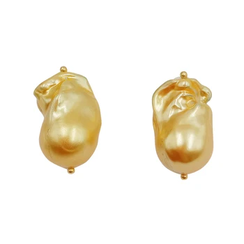Mados nekilnojamojo golden PEARL 925 sidabro stud AUSKARAI, gėlo vandens perlų,AA didelis baroko perlas 13-16 mm,925 sidabras kablys