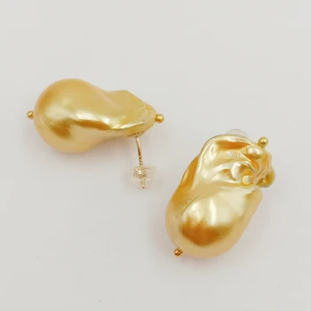 Mados nekilnojamojo golden PEARL 925 sidabro stud AUSKARAI, gėlo vandens perlų,AA didelis baroko perlas 13-16 mm,925 sidabras kablys