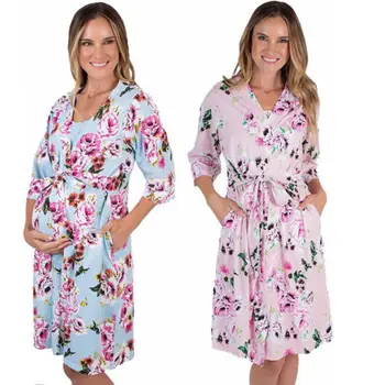 Mados Nėštumo Gėlių Sleepwear Moterų Motinystės Medvilnės Kimono Sleepwear Gėlių Pižamą Pajama Slaugos Suknelė-Chalatas