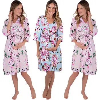 Mados Nėštumo Gėlių Sleepwear Moterų Motinystės Medvilnės Kimono Sleepwear Gėlių Pižamą Pajama Slaugos Suknelė-Chalatas