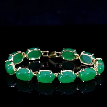 Mados pusbrangiai ovalo formos žalios chalcedony vienas akmuo aukso spalvos grandinės apyrankė vestuvės, jubiliejus, karšto papuošalai 7.5