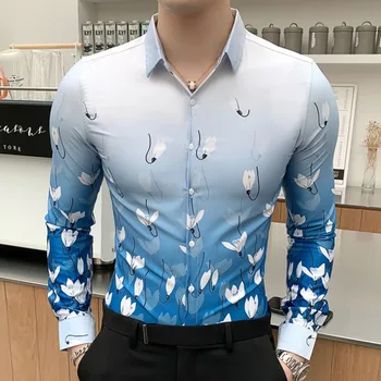 Mados Rudens Gėlių Marškinėliai Vyrams Camisa Hombre Korėjos Slim Fit Atsitiktinis Vyrų Socialinės Marškinėliai Ilgomis Rankovėmis Naktinis Klubas Prabanga Palaidinė