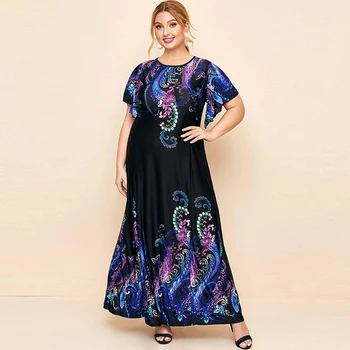 Mados Vasaros Plius Dydis Moterų Suknelė Nauja Spausdinti Big Swing Suknelė Bohemijos Ilgas Sijonas Elegantiškas Ponios Drabužiai