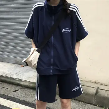 [Medvilnės] Vasaros mados sportinis kostiumas Honkongo retro stiliaus moteris studentų trumparankoviai šortai prarasti dviejų dalių kostiumas