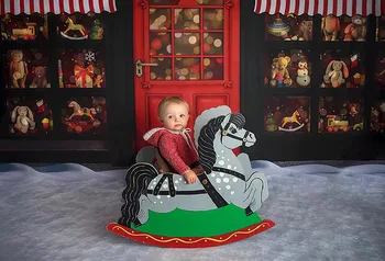 Mehofond Linksmų Kalėdų Fotografijos Foną, Žiemos Sniego Žaislų Parduotuvės Lango Raudona Durų Dovanų Puošimas Fonas Foto Studija Prop