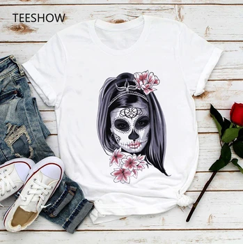 Meksikoje Mirusiųjų Dienos cukraus kaukolės juokinga t-shirt moterims, naujas vasaros baltos viršūnės marškinėliai moterims tees marškinėliai spausdinami trumpas rankovės femme