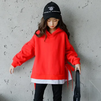 Merginos Hoodies 2020 M. Žiemos Vaikų Palaidinukė Vilnos Tirštėti Raudona Sporto Hoodie Vaikams drabužių Paaugliams Netikrą Dviejų dalių Šiltas Viršūnes 12 Y