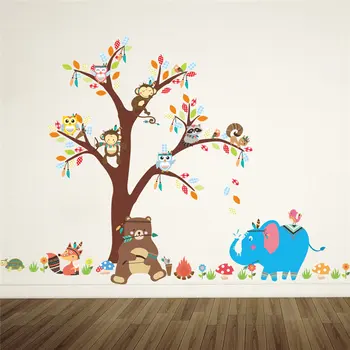 Mielas Gyvūnų, Kurių Didelis Medis Sienų Lipdukai Vaikų Darželis, Vaikų Kambarys Namų Puošybai Dramblys, Beždžionė Animacinių Filmų Freskos Meninis Sienų Lipdukas