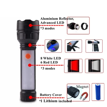 Mingray USB Įkraunamas 3W LED Žibintuvėlis su magnetu raudona pagalbos, taip pat Pinigų aptikti šviesos POWERBANK kempingas žibintų