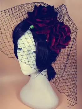 Mini Top Hat Raudona Gėlė, Rožė Įrašą Šydas Gothic Lolita Išgalvotas Rankų Darbo Plaukų Clips Goth