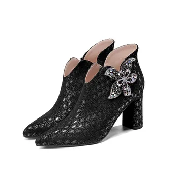 MLJUESE 2020 moterų batai, avikailio kristalų spalva juoda pažymėjo tne žiemos trumpas pliušinis aukštakulniai batai moterims, batai dydis 43