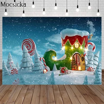 Mocsick Žiemos Sniego Backdrops Fotografijos Santa Claus Batai Candy House Nuotraukų Fone Kalėdų Dekoro Snaigių Fone