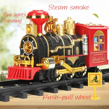 Modeliavimo Retro Garo Traukinio Modelis Žaislas Berniukas greitųjų Geležinkelių, Automobilių Parkas, Vaikų Elektrinio Traukinio Rinkinį Kelio Atnaujinti Garo Dūmų Vadovas
