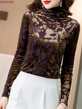 Moterų 2021 M. Pavasario Žiemos Basic Marškinėliai Slim Elegantiškas Office Lady Polka Dot Šiltas, Švelnus Veliūras Aukso Golfo Viršūnes Palaidinė