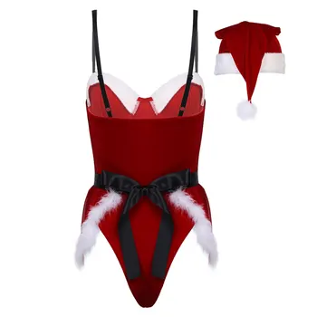 Moterų apatinis Trikotažas Tiktų Kalėdų Seksualus Rankovių Aksomo Bodysuit Raudona Sleepwear Babydoll KALĖDŲ Atostogų Šalies Erotinių Sekso Kostiumas