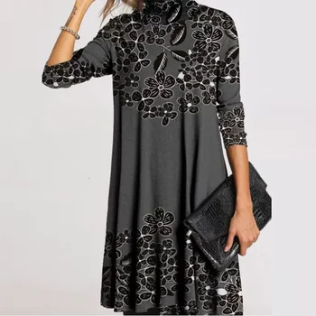 Moterų Derliaus Golfo Gėlių Spausdinti Suknelė 2020 M. Rudenį Elegantiškas Ilgomis Rankovėmis Mini Suknelės Ponios Atsitiktinis Plius Dydis Suknelė Vestidos