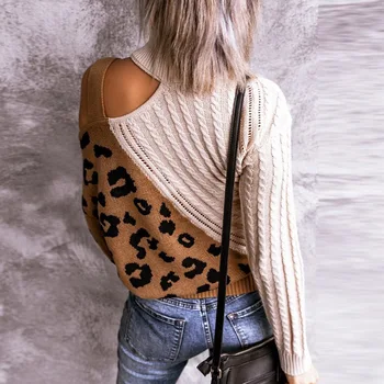 Moterų Golfo Seksualus Off Peties Megztiniai Rudenį Elegantiškas Leopardas Spausdinti Kratinys Puloveris Streetwear Tuščiaviduriai Iš Viršūnės