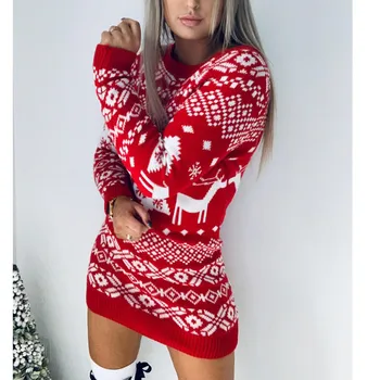 Moterų Mados Rudens-Žiemos Ilgos Rankovės Prarasti briedžių Kalėdų Suknelės Ponios Kalėdų Print-line Mini Suknelė megztinis mezgimo