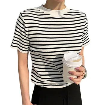 Moterų Marškinėlius Vasaros Vrouw T-shirts korėjos Stiliaus Atsitiktinis O Kaklo Dryžuotas trumpomis Rankovėmis Slim Megzti Marškinėliai Topai