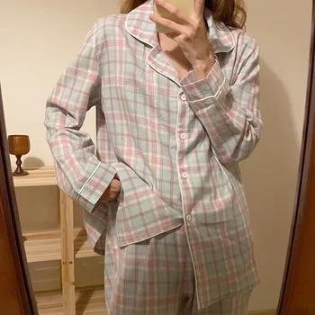 Moterų Pledas Pyjama Rudens Žiemos Minkštos Medvilnės Sleepwear Nustatyti Laisvas Derliaus Pižama Dviejų dalių Kostiumas Minimalistinio Laisvalaikio Drabužiai S815