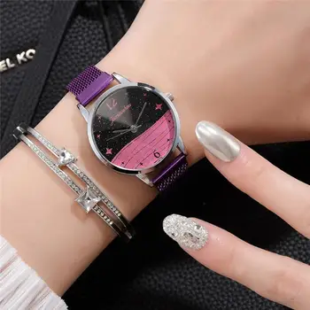 Moterų, Prabangos 2020 Naujas Žvaigždėtas Dangus Dizaino Laikrodžiai Elegantiška Violetinė Magnetinio Ponios Kvarciniai Laikrodžiai Moteriška Suknelė Laikrodis