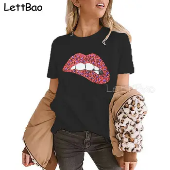 Moterų Seksualus Lūpų Blizgančiais Tee Viršuje Gėlių Marškinėliai Moterims Mados Grafinis Mielas Tee Kawaii T-Shirt Mados Hipster Tumblr Moterų Marškinėlius