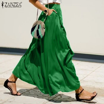 Moterų Sijonai 2021 ZANZEA Elegantiška Panele Kietas Ilgas Sijonas Atsitiktinis Big Swing Faldas Prarasti Kišenės Maxi Sijonas Plius Dydis Jupe Femme