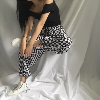 Moterų Streetwear Harajuku Smulkaus Tinklelio Kaklaraištis Elastingumą Juosmens Spliced Vertikalios Juostos Pločio Kojų Kelnės Ins Atsitiktinis Kelnės Moterims