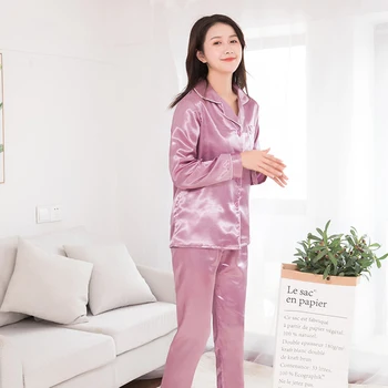 Moterų Šilko Satino Pižama Rinkinys Poroms vientisos Spalvos ilgomis Rankovėmis Sleepwear Kostiumas 2XL