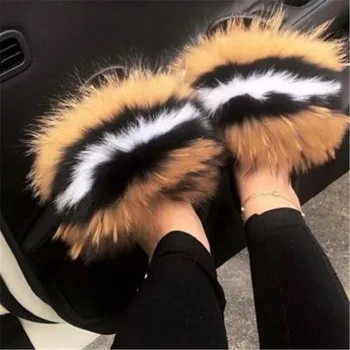 Moterų Žiemos Fox Fur Šlepetės moteriški Kailiniai Slysta Moterų Kailio Flip-flop Namų Pūkuotas Kailio Sandalai neslidus Pūkuotas Pliušinis Batai