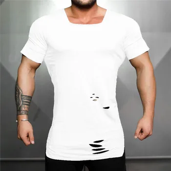 Muscleguys Prekės 2019 Naujas Mados Kietas Kankina T Shirt Mens Hip-Hop Pratęsti Marškinėliai Vyrams Sunaikinti Skylę Medvilnės Fitneso marškinėliai Homme
