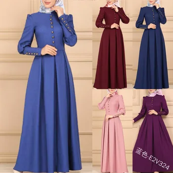 Musulmonų Mados Suknelės Chalatai Moterims, Visas Rankovės Slim Maxi Suknelė Su Mygtukais 2021 Naujas Vientisos Spalvos Elegantiškas Islamo Drabužių Chalatai
