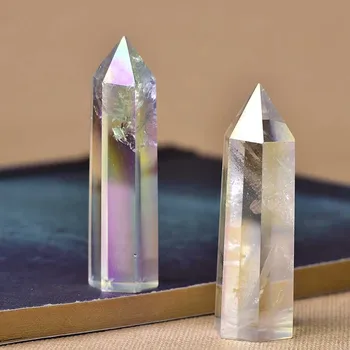 Natūralus Baltas Electroplate Šešiakampe Skiltyje Crystal Rock Mineralinių Pavyzdys Taško Vaivorykštė Lazdelė Namų Puošybai Reiki Gydymo Akmuo
