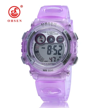 Nauja OHSEN Skaitmeninis LCD Violetinė Cute Girl Vaikai Laikrodis Gumos dirželis 50M atsparumas Vandeniui Vaikų Mada Sporto Žiūrėti Signalizacijos Vertus laikrodis
