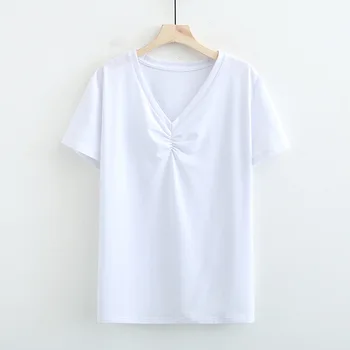 Naujas 2021 m. vasarą plius dydis viršūnes moterų didelės trumpas rankovės prarasti atsitiktinis medvilnės mėlyna balta juoda V kaklo T-shirt 4XL 5XL 6XL