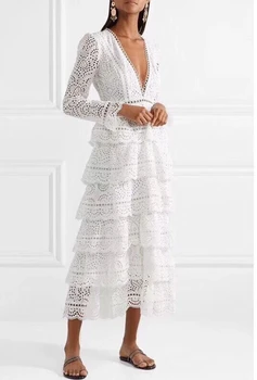 Naujas Atvykimo Moterų kilimo ir tūpimo Tako Aukštos Kokybės Balto Pyrago ilgomis Rankovėmis Prekės Elegantiškas V Kaklo Šalis Suknelė Vestidos