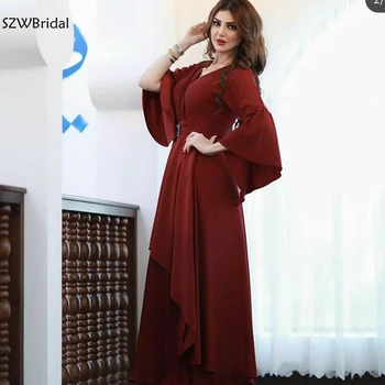 Naujas Atvykimo V-Kaklo, ilgomis rankovėmis vakaro suknelės 2021-Line Bordo ilga suknelė Šalis Dubai arabų vakare chalatai