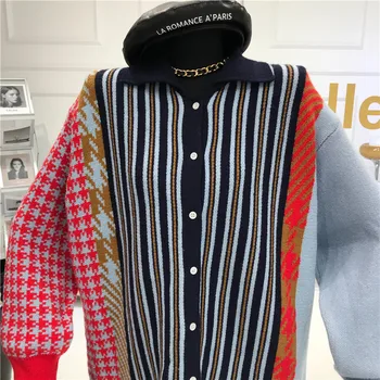 Naujas Kontrastas Atvartas Dryžuotas Megztinis, Striukė Moterų Rudenį Ir Žiemą Madingi Ilgi Megztiniai Megztinis