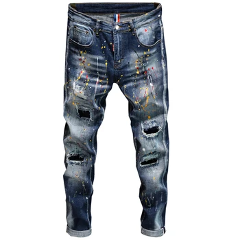 Naujas stilius asmenybės ripped jeans vyriški vyrai korėjos stilių madingų dažų dot splash rašalo dizainas, plonas spausdinti kelnes kelnės